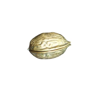 Vintage MCM Brass Walnut Paperweight Hinged Trinket Dish Cottage Granny Core  - Picture 1 of 6