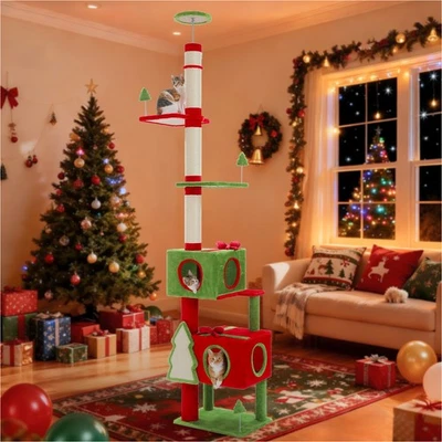 PAWZ Road Christmas Floor to Ceiling Cat Tree Tower Scratching Post with Cat Toy - Image 1 of 2