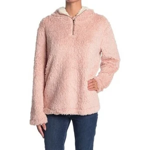 Forgotten Grace Women's Hooded Quarter Zip Faux Shearling Pullover Blush Medium - Picture 1 of 6