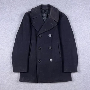 VTG US Navy Pea Coat Mens 40R Blue Wool Kersey Anchor Buttons Distressed - Picture 1 of 17