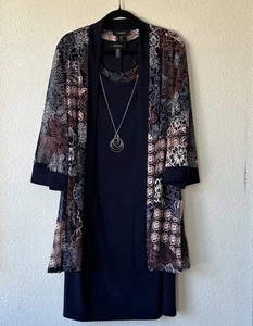 R&M Richards Puff Print Jacket and Dress Set Blue Floral Women's Size 16 - Picture 1 of 14