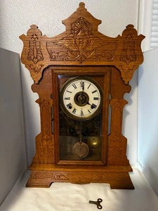 Antique Late 1800s USA Gingerbread Kitchen Clock Fully Serviced Works Great - Picture 1 of 7