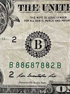 CINQUE of a KIND - RIPETITORE "8" - BANCONOTA DA 1 DOLLARO SER# B 88 6 8 7 88 2 B - VCAUC008 - Foto 1 di 12