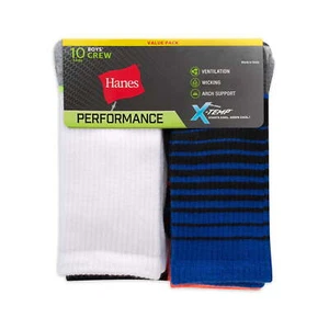 Hanes Boys X-Temp Perf Crew Sock 10-Pack Arch Support Assorted Size S (4.5-8.5) - Picture 1 of 6