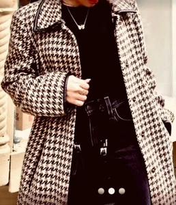 COACH Long Brown Wool Houndstooth Coat With BrassTurn Lock & Leather Detail. - Picture 1 of 12