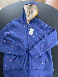 Mini Boden Girls Shaggy Lined Hoodie Navy Blue and Polka Dot Size 13/14 NWT - Picture 1 of 4