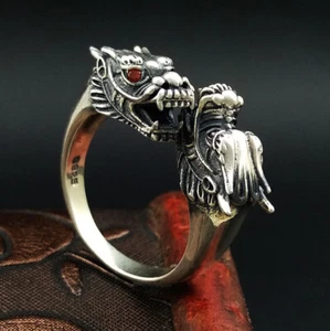 A15 Ring Dragon Head Two Dragon's Heads Silver 925 Adjustable Size - Imagen 1 de 5