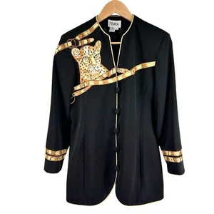 Vintage Privata Leopard Embroidered Blazer Jacket Sz 8 100% Wool Gold Accents - Picture 1 of 15