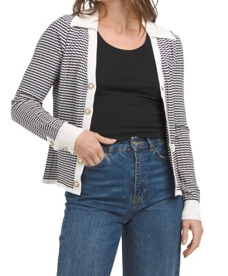 ELIE TAHARI Dark Navy/ Sky White Cardi 全新带标签 $295 XS 码 — 第 1/4 张图片