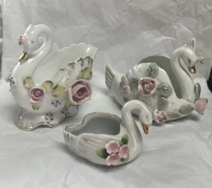 Vintage LEFTON & JAPAN “PORCELAIN PINK ROSE SWAN” TRINKET DISH PLANTERS-Lot Of 3 - Picture 1 of 15