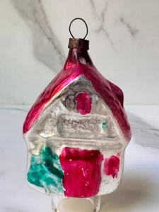 Antike frühe geprägte figürliche Hausform DEUTSCHES mundgeblasenes Glas Ornament HEISS ROSA - Bild 1 von 7