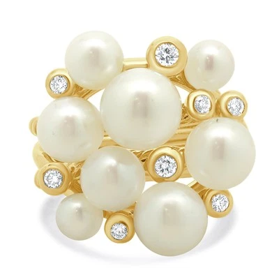 David Yurman 18 Karat Yellow Gold Pearl and Diamond Cable Cluster Ring - Image 1 of 4