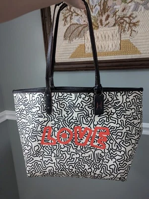 Coach Keith Haring Chalk Leather Love Large City Tote Bag Pouch Hangtag READ DES - Image 1 of 4