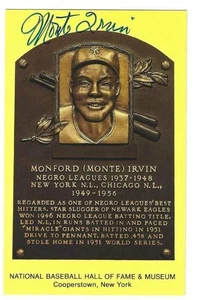 Autographed MONTE IRVIN Gold Hall Of Fame Plaque Post Card - w/COA - Picture 1 of 1