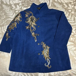 Bob Mackie Wearable Art Jacket Women 1X Blue Embroidered Floral Leaves Soft Coat - Picture 1 of 8