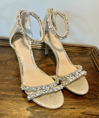 Jewel Badgley Mischka Caroline Embellished Strap Evening Shoes Champagne 9.5 - Image 1 of 4