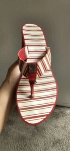 BCBG Paris Red & White Stripe Platform Thong Wedge High Heel Sandal Shoes 9M - Picture 1 of 23