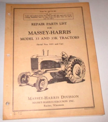 Massey Harris MH 33 & 33K Tractor Parts Catalog Manual Book VERY GOOD OEM! 3-69 - Image 1 of 4