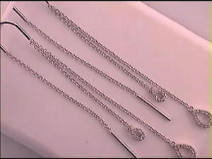 10K WHITE GOLD ROUND DIAMOND DOUBLE TEARDROP DANGLE THREADER EARRINGS 1/8 CTTW - Picture 1 of 3