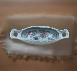 Piatto Vanity Ovale Vintage Porcellana Bianca Trasferimento Chintz Bordo Oro - Foto 1 di 11