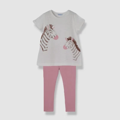 $63 Mayoral Niña Blanco Rosa Algodón Cebra Camiseta Leggings Conjunto Talla 3 Foto 1 de 3