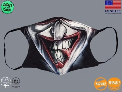 Scary Clown Glow In Dark Mask For Adults Cotton Reusable Washable Filter Pocket - Image 1 of 4