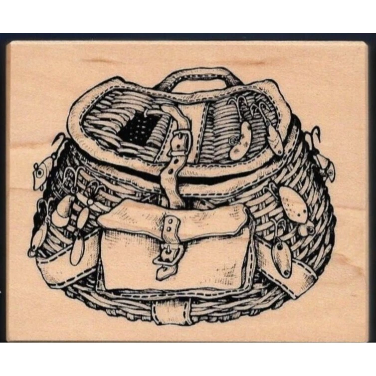1995 Fly Fishing Wicker Creel Lures Rubber Stamp Wood Mount 3 x 2.5-In Gift NEW - Image 1 of 2