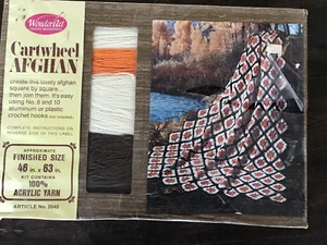 New NOS Vintage Wonder Art Cartwheel Afghan Crochet Kit 2040 1970s White & Brown - Picture 1 of 2