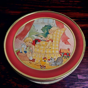 Vintage große Blechdose Mutter liest Kindern im Kinderzimmer matt Nostalik Deko - Bild 1 von 17