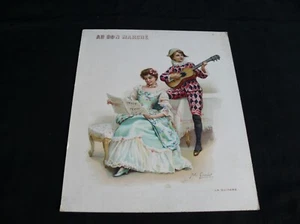 Chromo ancien Au Bon Marché signé Jules Girardet la guitare 22 x 18 cm - Bild 1 von 2