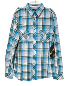 Helix Shirt Mens Large Blue Plaid Athletic Fit Button Front Pockets Long Slv New - Picture 1 of 8