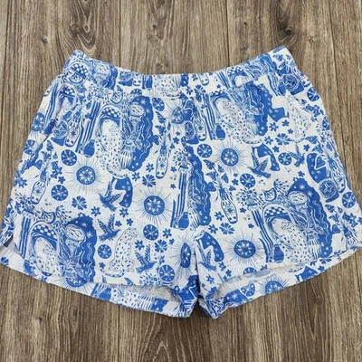 NUEVO Pantalones Cortos Cynthia Rowley Lino Azul Blanco Animal Pájaro Estampado Sol Talla Grande Foto 1 de 4