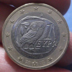 Grecia Griega 1€ Un Euro 2002 con moneda bimetálica "S" Búho tetradracma ateniense - Imagen 1 de 2