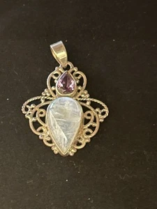 925 Sterling Silver Moonstone & Amethyst Pendant Teardrop Rainbow Unique Scroll - Picture 1 of 8