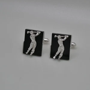 Vintage Swank Golfer Golf Schwung Manschettenknöpfe schwarz silberfarben 20 mm rechteckig - Bild 1 von 11