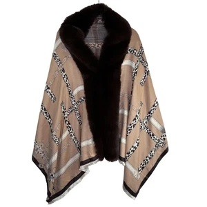 Poncho Mujer Talla Única Beige Marrón Imitación Piel Borde Leopardo Cadena Estampado Capa Envoltura - Imagen 1 de 8
