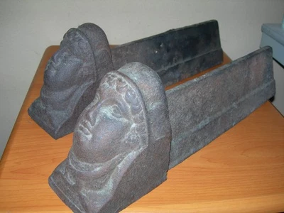 Grecian French Chenets Antique ART DECO Faces Fireplace Andirons * Mid Century - Image 1 of 3