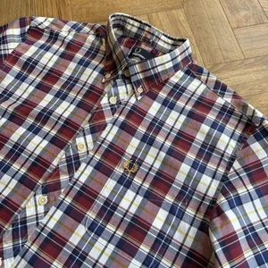 FRED PERRY Short Sleeve Check Shirt White Red Blue Size Large Mod Scooter 60s - Picture 1 of 16