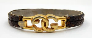 VINTAGE SIGNED GUCCI LEATHER CUFF BRACELET 24KT GOLD PLATED, MADE IN ITALY - Picture 1 of 16