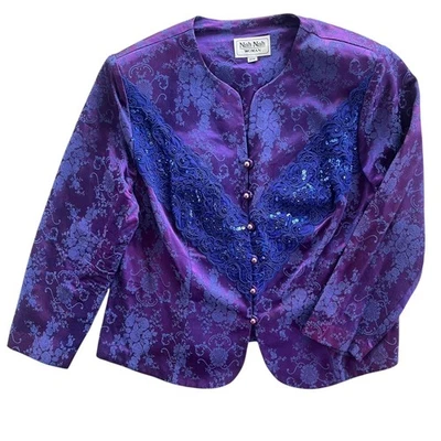 Nah Nah Woman 18W Purple Floral Brocade Sequin Lace Embellish Blazer Jacket VTG. - Image 1 of 4