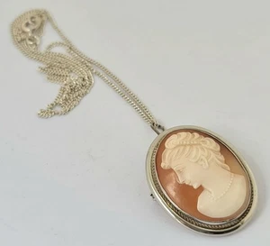 Vtg Solid 800 Silver & Gold Cameo Pendant Brooch Necklace 17" 925 Chain - Picture 1 of 8