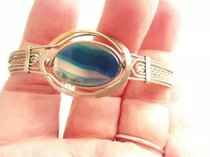 Vintage Silver Tone Artisan Made Wire Wrapped Bracelet Amazing Blue Art Glass - Picture 1 of 12