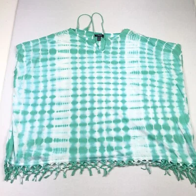 Chaps Tassel Poncho Tunic Top Green White Pullover Loose Fit Boho Style Small S - Image 1 of 4