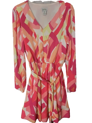 Nicole Miller Sz Large Mini Dress Pink Orange Patterned Pleated  Bishop Sleeves - Image 1 of 4