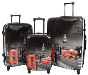 4 Wheel Luggage Hard PC Lightweight Suitcases Travel Bags London Landmarks Print - Picture 1 of 26