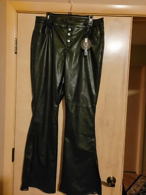 娃娃屋70年代类型喇叭高腰纽扣门襟纯素皮革黑色牛仔裤18W — 第 1/4 张图片