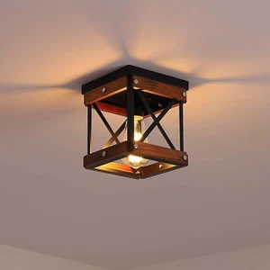 Rustic Farmhouse Flush Mount Ceiling Light 1-Light Metal and Wood Cage Mini Semi - Picture 1 of 8