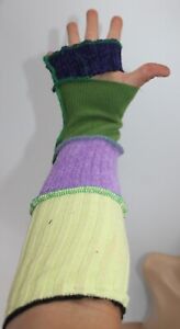 Handmade Upcycled Sweater Hand Warmers Purple Arm Wrist Fingerless Gloves Green 