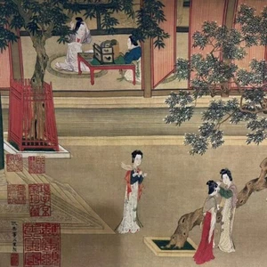 Altes chinesisches Rollgemälde "HanGongChunXiaoTu" von "QiuYing" 仇英 汉宫春晓图 - Bild 1 von 8