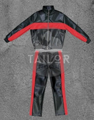 Men's Genuine Lambskin Leather TrackSuit Sweatsuit [Black/Red] For Jogging Dress - Image 1 of 2